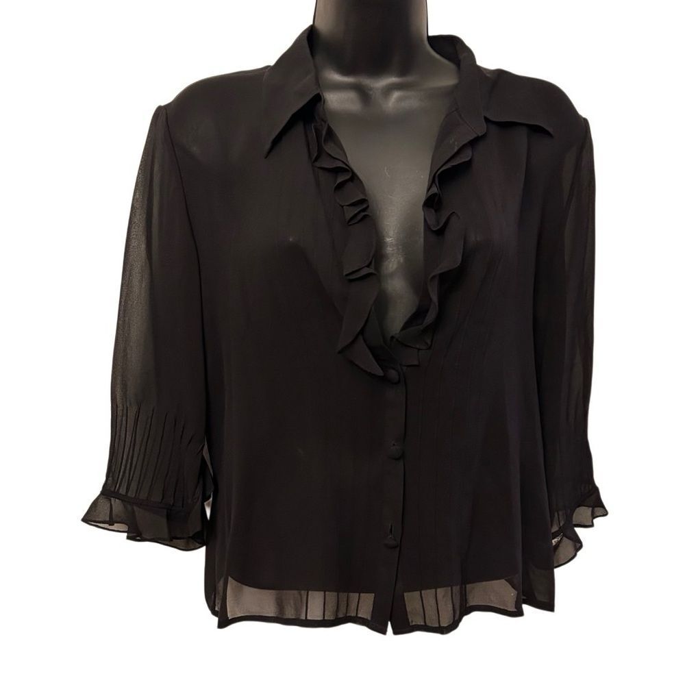 Vintage silk sheer Whimsigoth Ruffles Spenser Jeremy Black V Neck Blouse 8 M - Picture 9 of 13